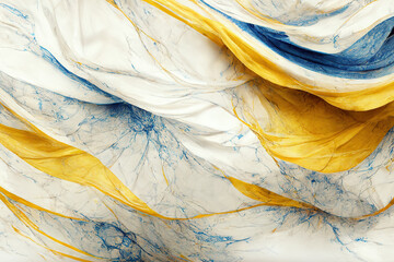 Abstract blue and yellow marble textured background. Fluid art modern 3d wallpaper.