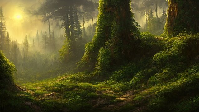 Fototapete - Fantasy fairy-tale magical forest, sunny evening light through the branches of trees. Magical trees in a wooded area. Haze at sunset, plants, moss and grass in the forest. 3d illustration