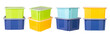Collection of colourful containers stacked one on another isolated on white or transparent background