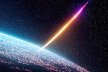 Poster - Space galaxy with bright stars and an asteroid with a bright fiery tail flies towards the earth on a dark background 3D illustration