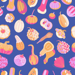 Bright pumpkin seamless vector pattern on a blue background. For wallpaper, wrapping paper, textiles, postcards, web page backgrounds, interior decor, menus. Cartoon autumn harvest illustration