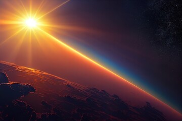 Sticker - View from space to the planet Earth, rising bright sun over the globe 3D illustration