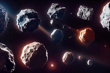 Sticker - Gray and irregular shaped celestial bodies of meteorites, comets and asteroids on starry 3D illustration