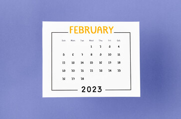 The February 2023 Monthly calendar for 2023 year on purple background.