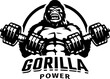 Gorilla with two dumbbells. Bodybuilding and fitness logo. Vector illustration.