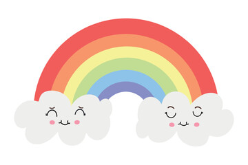 Wall Mural - Colorful rainbow with white clouds in kawaii style. Rainbow vector icon on blue background