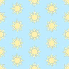 Wall Mural - Sun seamless pattern. Vector stylized elements on blue background. Best for textile, wallpapers, home decoration, wrapping paper, package and web design.