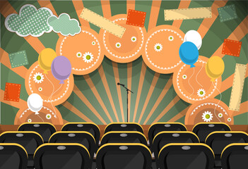 Decorated stage with a microphone in a theater seating room. Vector illustration