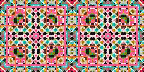 Wall Mural - Kitsch pattern geometric retro design in seamless border background. Trendy modern boho geo in vibrant colorful graphic ribbon trim edge. Repeat tile for patchwork effect endless band.