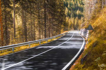 Sticker - Beautiful autumn landscape with roadway. Highway in mountains in fall sunny day in Italy, empty asphalt road. Dolomites, Alps