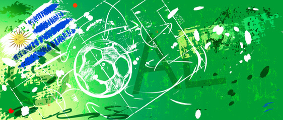 Sticker - soccer or football illustration for the great soccer event with soccer ball, flag of uruguay, soccer field, grungy style