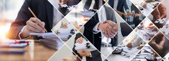 Business handshake teamwork business merger and acquisition,successful negotiate,analyzing Tax financial report, investment, finance analysis Economic discussions, Business background.