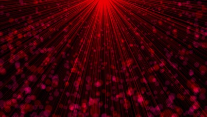 Wall Mural - shiny red lines with particles fly from above on black background.