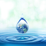 Fototapeta Storczyk - World Water day concept with world in clean water drop on and fresh blue water ripples design, Environment save and ecology theme concept ,Elements of this image furnished by NASA