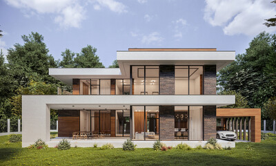 Wall Mural - 3D visualization of a modern house with a carport. House with panoramic windows. house in the forest