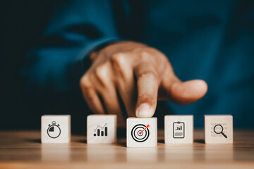 Aufkleber - Target icon which for planning development leadership and customer target group. Hand pushing dartboard to planning success project.