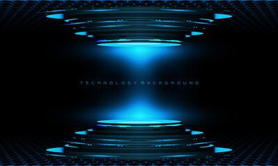 Abstract 3D blue cyber geomstric cyber futuristic technology stage on black design modern background vector