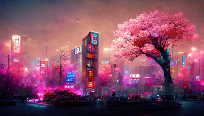 Wall Mural - Fantasy Japanese night view city citycape, neon light, residential skyscraper buildings, pink cherry sakura tree. Night urban anime fantasy.