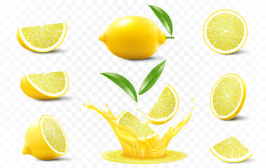Wall Mural - set of ripe lemon. a whole , half and slices of lemon fall into fresh juice. realistic 3d vector ill