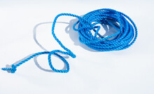 Close Up View Of Blue Rope Isolated On White Background