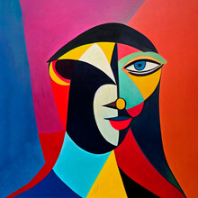 Abstract Painting In The Style Of Pablo Picasso, Female Portrait. A Young Woman In Vibrant Colors On A Square Canvas.