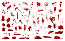 A Set Of Realistic Blood Splashes. A Drop And A Blood Clot. Blood Stains. Isolated. Vector Illustration Of Bloody Ink Drops On A White Background.
