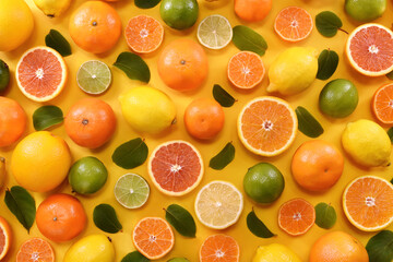 Wall Mural - Colorful bright background of fresh ripe sweet citrus fruits in basket: orange and tangerine, green lime and yellow lemon