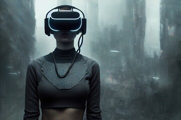 Wall Mural - Portrait of young cyber girl wears glowing science fiction virtual reality glasses on metropolis background