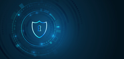 Shield icon, future technology for verification. Abstract high tech background. Data security system, information, or network protection. Cyber security and data protection.