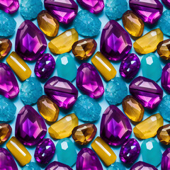 Colorful gemstones seamless pattern, mix of different shapes and colors, precious gems, bright and shiny stones, 3d illustration