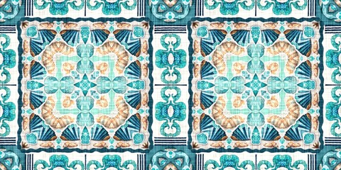 Naklejka na meble Teal beach house border in coastal style patchwork pattern. Modern nantucket summer printed edging time fabric. Banner ribbon in seamless repeat.