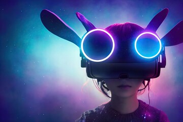 Canvas Print - Portrait of young cyber boy wears glowing science fiction virtual reality glasses and bunny helmet on neon space background