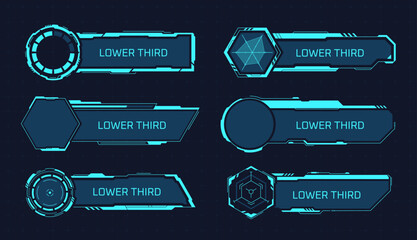 Sci fi lower third banners. Hud video screen bottom thirds banner, display callout effects news tv channel or futuristic game space, tech digital boxes garish vector illustration