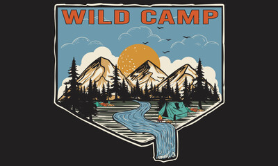 wild camp. mountain adventure artwork for poster, sticker, background and others. mountain river ill