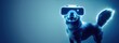 Metaverse tiny cute dog in virtual reality glasses with glowing eyes on neon space background