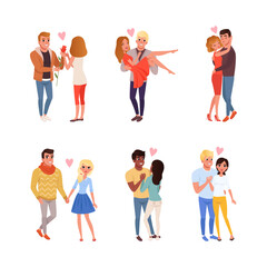 Wall Mural - Loving Couples of Man and Woman Holding Hands, Kissing and Embracing Vector Set