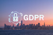 Skyline of San Francisco Panorama city view at Illuminated sunset from Treasure Island, California, United States. GDPR hologram, concept of data protection regulation and privacy for all individuals