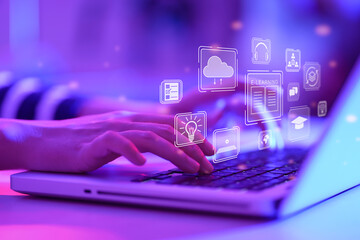 Fototapete - e-learning education concept, learning online with webinar, video tutorial, internet lessons. E-learning Education Internet Technology Webinar Online Courses concept.