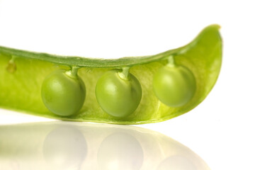 Pea pods on a white background, green peas in a pod