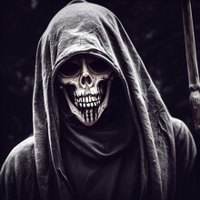 Computer Generated Halloween Grim Reaper Skull Face Hooded Figure 3D Illustration. A.I. Generated Art.
