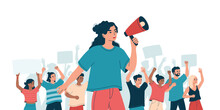 Woman With Loudspeaker And Angry Crowd On Protest, Strike. Concept Peaceful Demonstration Of Human Rights. Group Of Diverse People, Students At Picket. Isolated Flat Vector Illustration