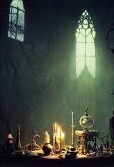 Abstract image of the workplace of an ancient alchemist with beakers and candles. 3D render