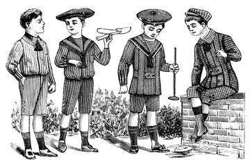 Wall Mural - Stylishly dressed Boys playing at the park – Vintage Illustration