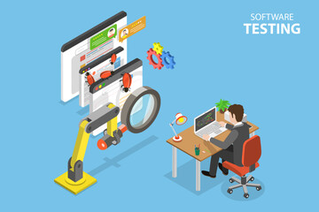 3D Isometric Flat Vector Conceptual Illustration of Software Testing, Development, Debugging and Quality Assurance