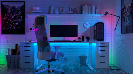 Working desktop surrounded by colored led lights. 3D render