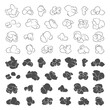 Set of black and white illustrations with popcorn grains. Isolated vector objects on a white background.
