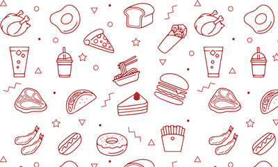 Fast food seamless pattern with vector line icons of hamburger, pizza, hot dog, beverage, cheeseburger. Restaurant menu background, tasty unhealthy lunch