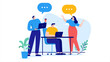 Office talk - People talking and having conversation at work, smiling and enjoying chit chat. Flat design vector illustration with white background