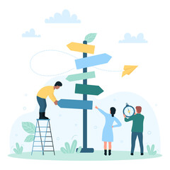 business decision, options for right choice vector illustration. cartoon tiny people near road sign 
