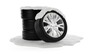 Stack of car tires covered with snow on snow patch over white background, winter tire concept